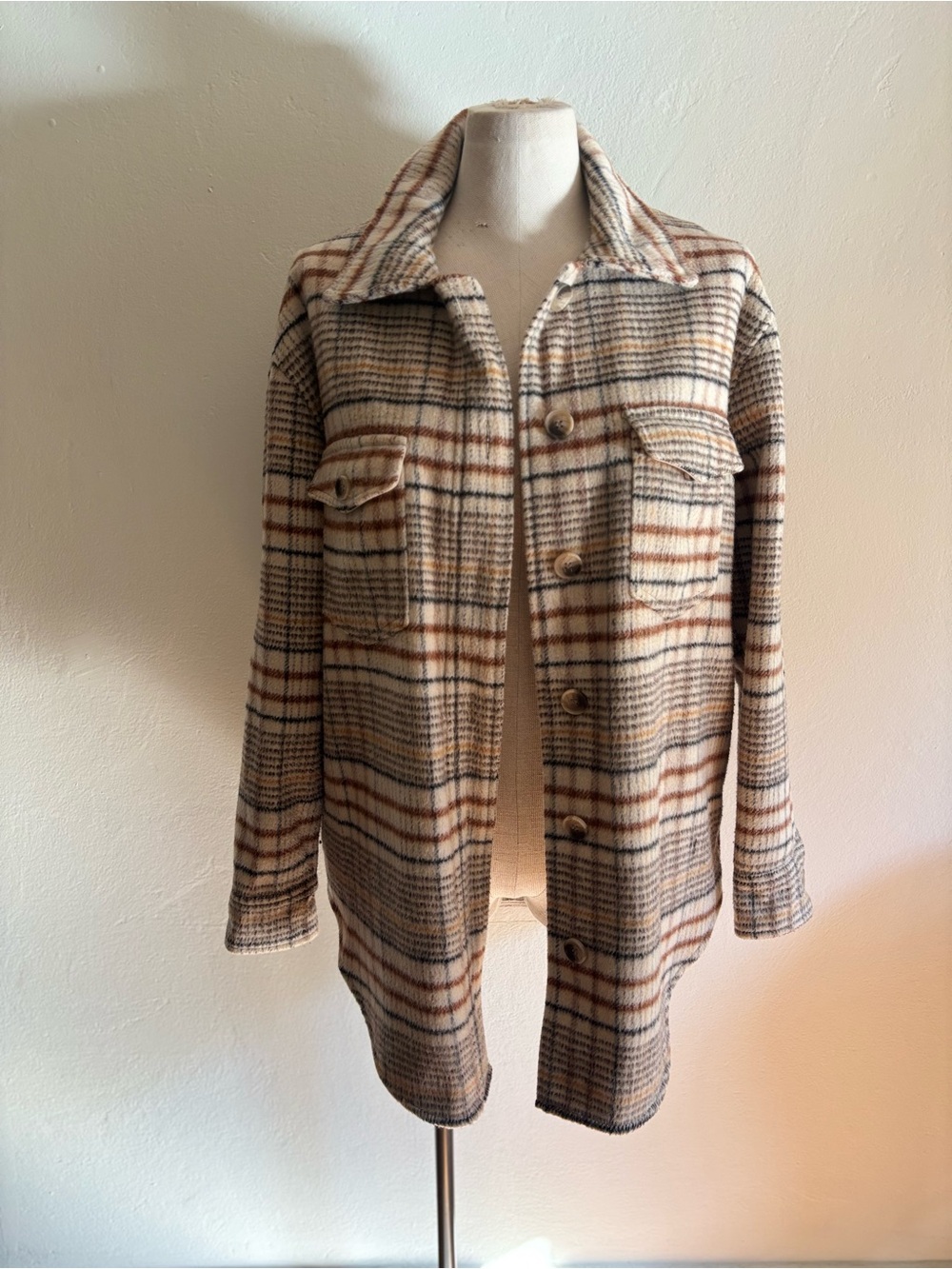 JOIE Brown and Cream Plaid Flannel Shacket Medium